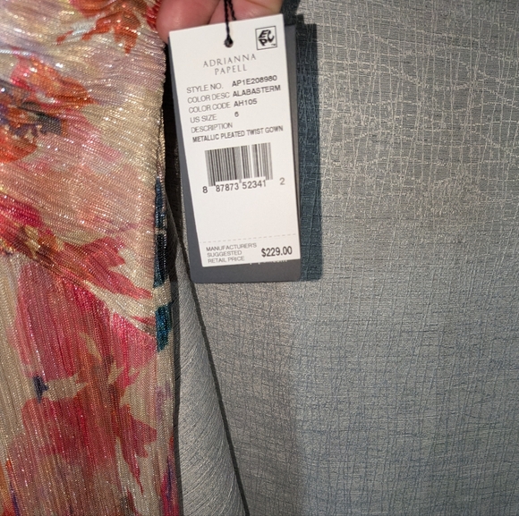 Adrianna Papell $229 Metallic Floral Print Pleated Twist V Neck Flutter Sleeve - Picture 8 of 13